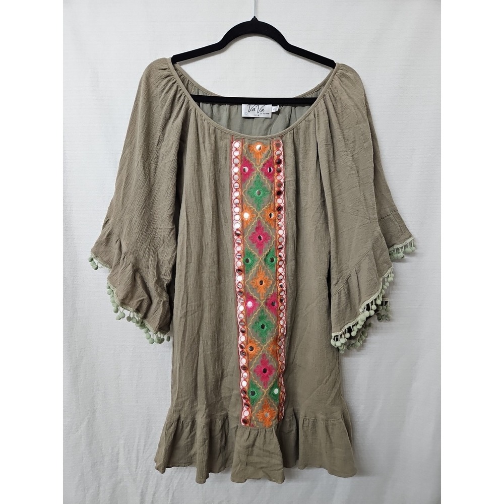 VaVa By Joy Han USA  Sz Small Mini Dress Embroidered Ruffle Boho Green Gauze